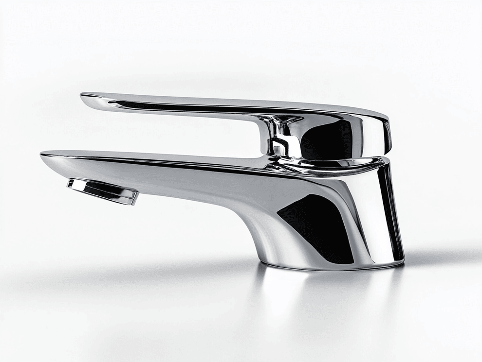 Eine moderne, chromglänzende Badezimmerarmatur mit einem Einhebelgriff, fotografiert vor einem schlichten weißen Hintergrund.
