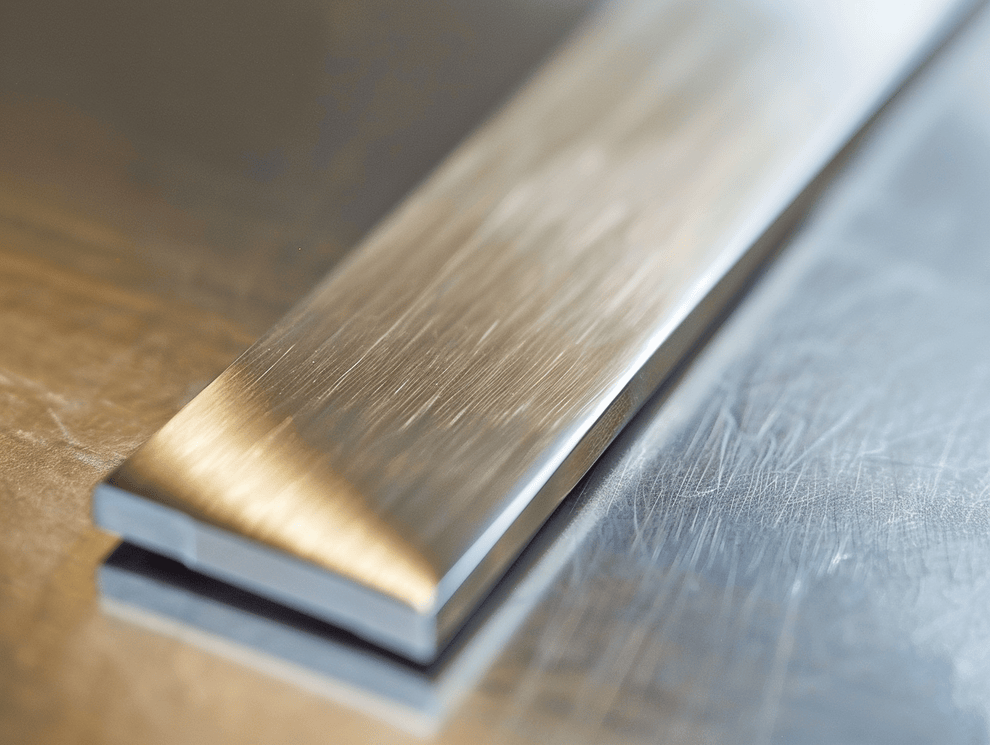 Nahaufnahme einer Edelstahlstange mit einem abgeschrägten Ende, das auf einer reflektierenden Metalloberfläche ruht. Die Stange weist eine glatte Struktur, sichtbare Maserungslinien und eine sanfte Beleuchtung auf, die das Material aus gebürstetem Edelstahl hervorhebt.