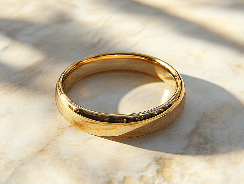 Ein glänzender Goldring schimmert auf einer hellen Marmorfläche und wirft einen weichen Schatten im Sonnenlicht.