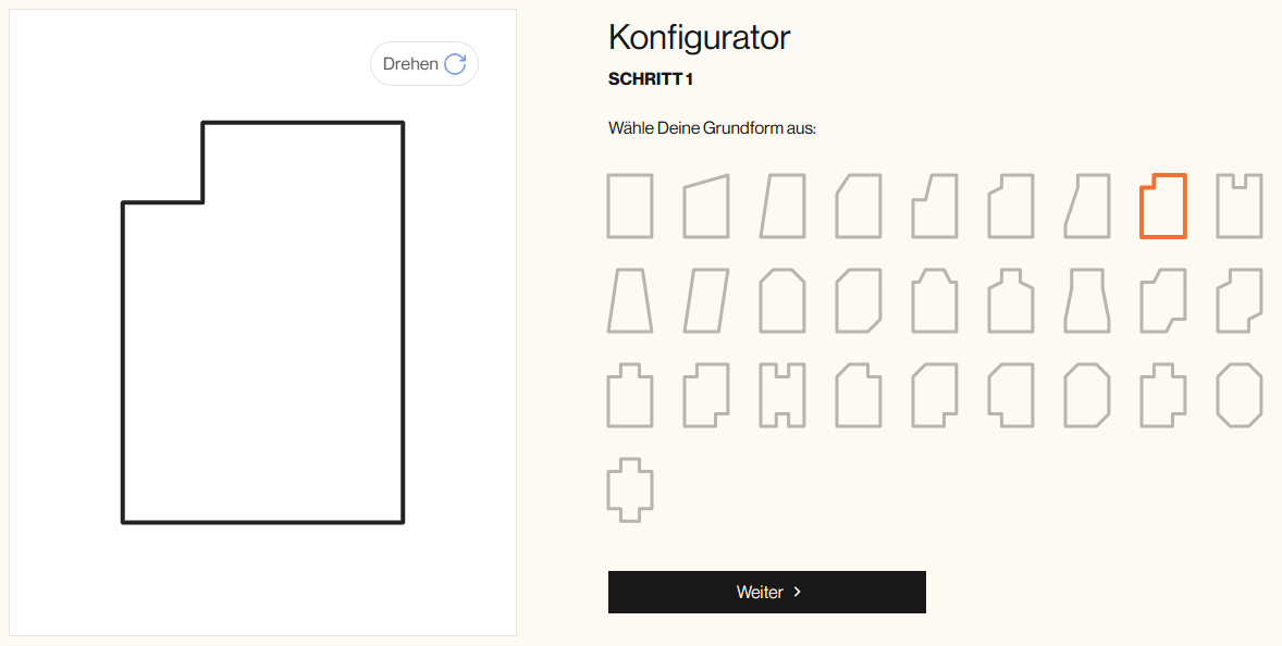 Die Oberfläche eines Konfigurationswerkzeugs für Matratzen nach Maß zeigt links eine große umrissene Form und rechts mehrere auswählbare geometrische Formen, von denen eine orange hervorgehoben ist. Am unteren Rand befindet sich eine Schaltfläche Weiter (Next).