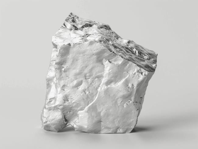Ein metallisch glänzender, silberner Fels mit rauer, unebener Oberfläche vor einem schlichten, hellgrauen Hintergrund.