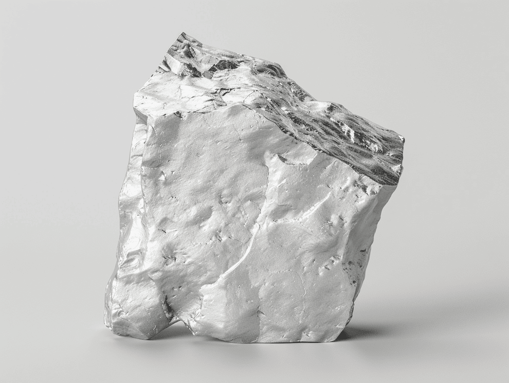 Ein metallisch glänzender, silberner Fels mit rauer, unebener Oberfläche vor einem schlichten, hellgrauen Hintergrund.