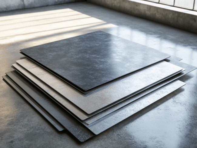 Ein Stapel großer, quadratischer Bleche, bereit für die Pulverbeschichtung, liegt auf einem Betonboden in einem Industrieraum mit großen Fenstern und Sonnenlicht, das Schatten auf die Szene wirft.