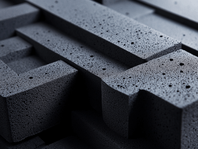 Nahaufnahme von dunkelgrauen, strukturierten Schaumgummi-Blöcken, die in einem geometrischen, geschichteten Muster angeordnet sind und poröse Oberflächen und scharfe Kanten aufweisen.