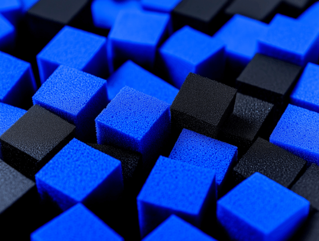 Eine Nahaufnahme von blauen und schwarzen Filterschaumwürfeln, die in einem Gittermuster angeordnet sind, wodurch eine strukturierte und geometrische Oberfläche entsteht.