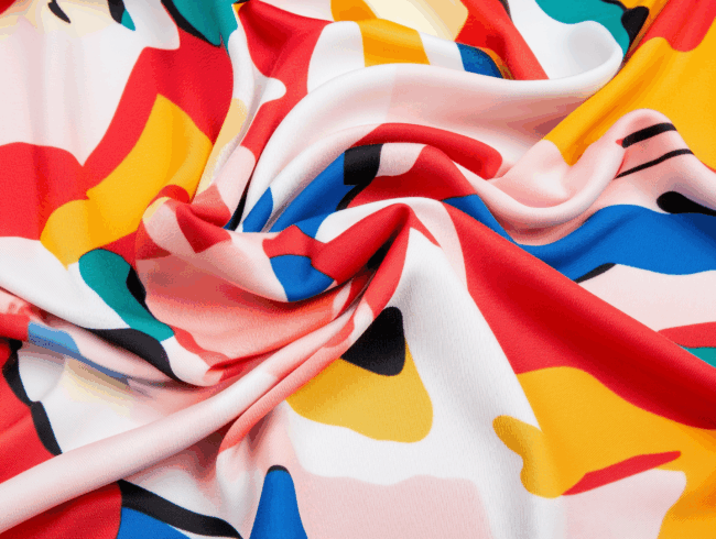 Eine Nahaufnahme eines bunten, abstrakt gemusterten Jerseystoffs mit wirbelnden Falten. Das Design zeigt kräftige Formen in Rot, Gelb, Blau, Grün, Schwarz und Weiß, die eine lebendige und dynamische Komposition ergeben.