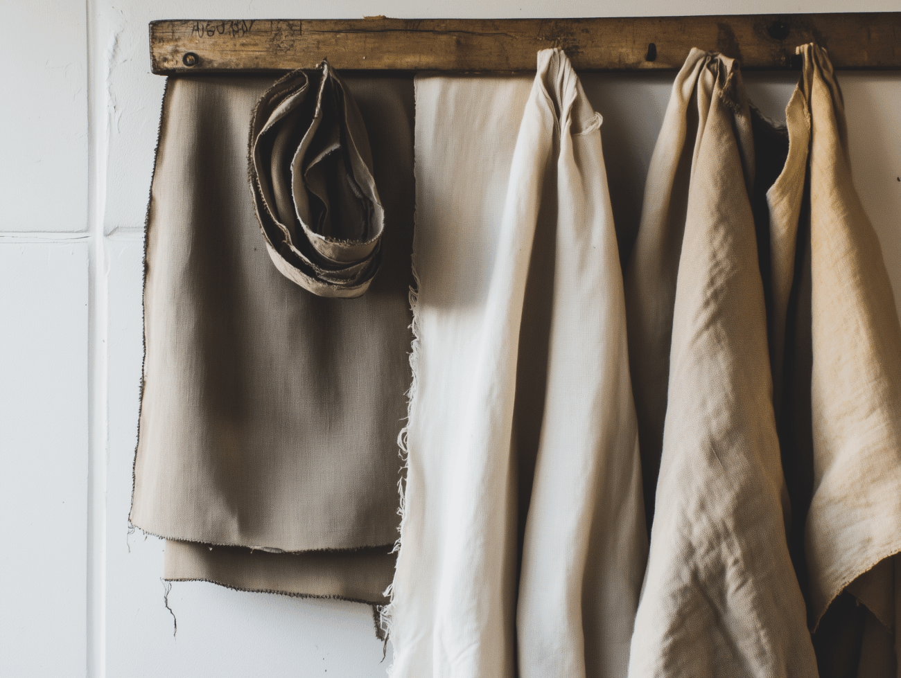 Neutrale Leinenstoffe in Beige-, Creme- und Brauntönen werden drapiert und an hölzernen Haken vor einer weißen Wand aufgehängt, so dass ein schlichtes und rustikales Bild entsteht.