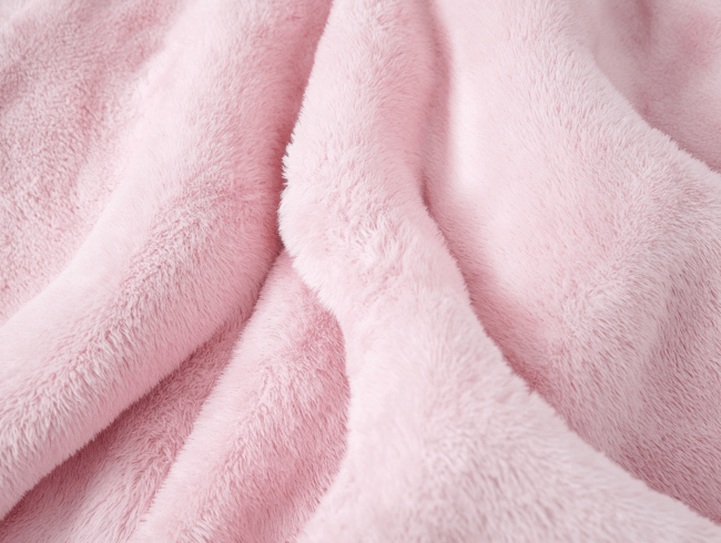 Nahaufnahme des weichen, flauschigen rosa Nickistoffs mit sanften Falten und einer glatten, plüschigen Textur.