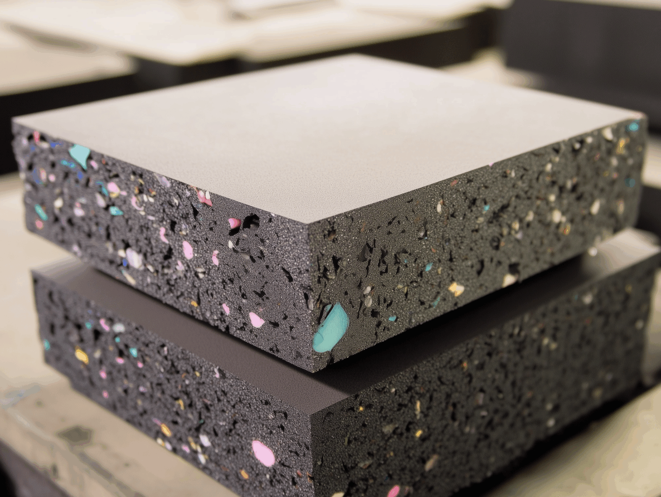 Nahaufnahme von zwei gestapelten, dicken schwarzen Filterschaum-Matten mit eingebetteten bunten Flecken, die auf einer flachen Oberfläche in einem Innenraum liegen.