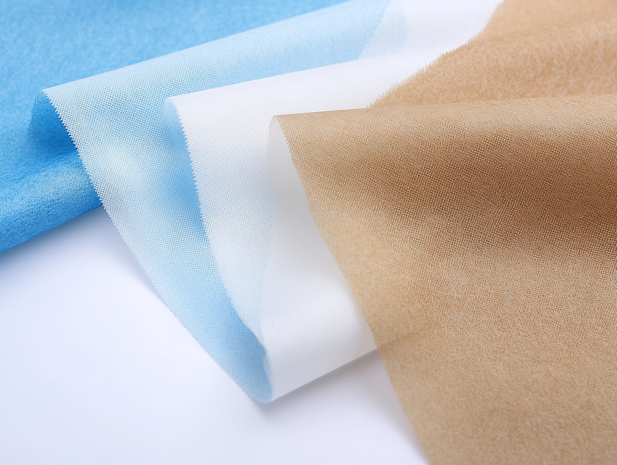 Drei sich überlappende Stoffstücke, darunter Vliesstoff, in den Farben Blau, Weiß und Beige, flach gelegt, mit glatter, weicher Struktur und sanft gefalteten Kanten vor weißem Hintergrund.