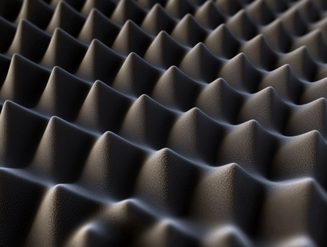 Nahaufnahme von schwarzem Akustikschaumstoff mit einem sich wiederholenden Muster aus pyramidenförmigen Gipfeln und Tälern, das zur Schalldämmung und Lärmminderung verwendet wird. Die Beleuchtung hebt die strukturierte Oberfläche hervor.