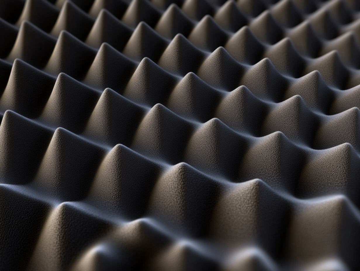Nahaufnahme von schwarzem Akustikschaumstoff mit einem sich wiederholenden Muster aus pyramidenförmigen Gipfeln und Tälern, das zur Schalldämmung und Lärmminderung verwendet wird. Die Beleuchtung hebt die strukturierte Oberfläche hervor.