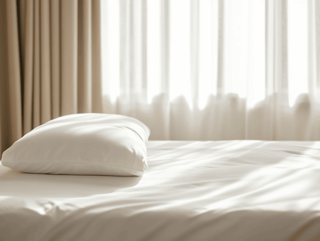 Ein ordentlich gemachtes Bett mit einem einzigen weißen Kissen und weißen Laken, alles in weiches natürliches Licht von einem Fenster mit transparenten Vorhängen getaucht, unterstreicht sowohl den Komfort als auch die Feuerbeständigkeit für den Seelenfrieden.