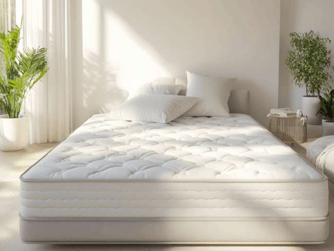 In einem sonnendurchfluteten Schlafzimmer steht ein ordentlich gemachtes Bett mit einer plüschigen, weißen Hybridmatratze und zwei Kissen. Grüne Topfpflanzen und minimalistisches Dekor schaffen eine frische, einladende Atmosphäre.