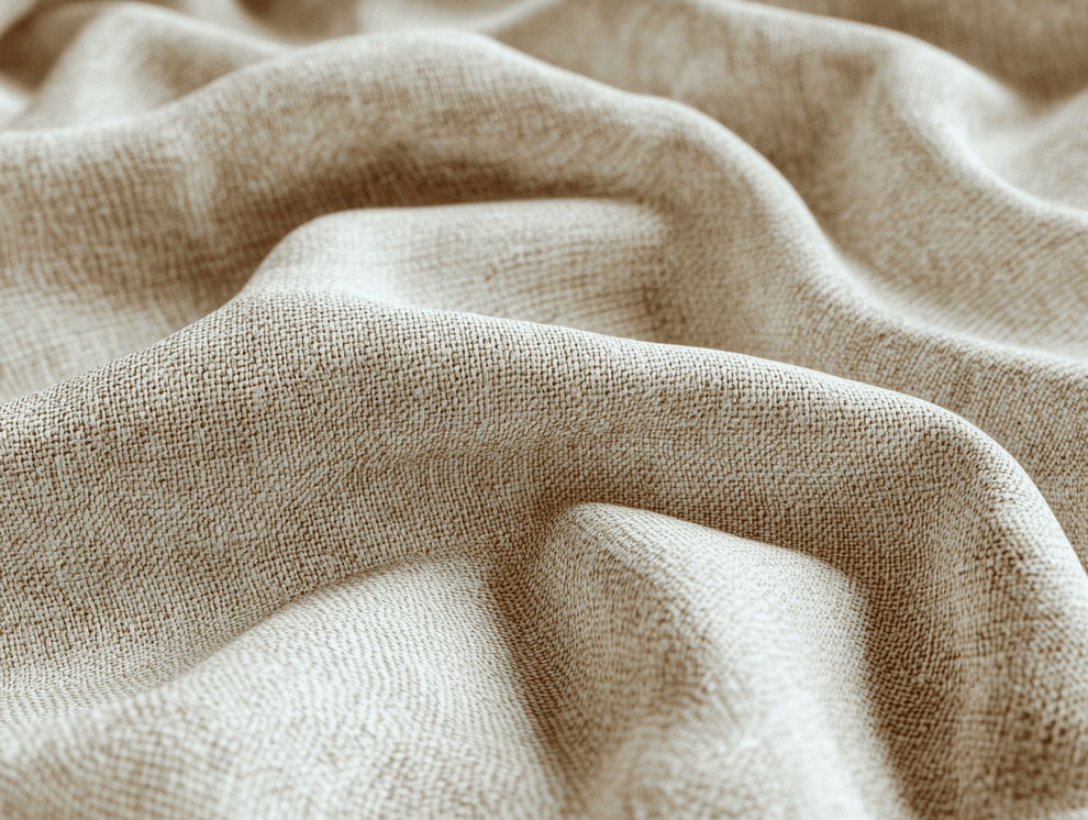 Nahaufnahme eines beigen, strukturierten Stoffes mit weichen, fließenden Falten und sanften Wellen, der sein leinwandgebundenes Webmuster und seine fühlbare Oberfläche zeigt.
