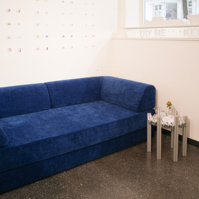 Ein modernes Zimmer mit einem blauen Samtsofa, einem kleinen Beistelltisch mit Zeitschriften und einer einblütigen Blume in einer Vase und einer weißen Wand mit kleinen Dekorationsgegenständen. Licht fällt durch ein Fenster über dem Sofa ein.