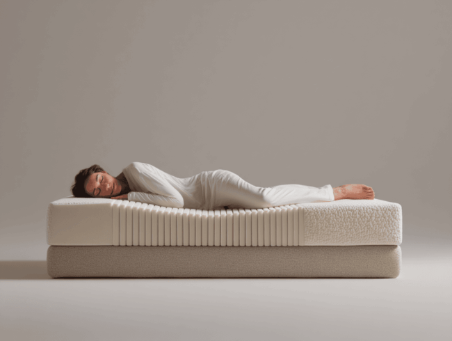 Eine Person in weißem Schlafanzug schläft auf der Seite auf einer modernen, strukturierten Matratze mit fortschrittlichen Liegezonen in einer minimalistischen Umgebung mit neutralem Hintergrund.