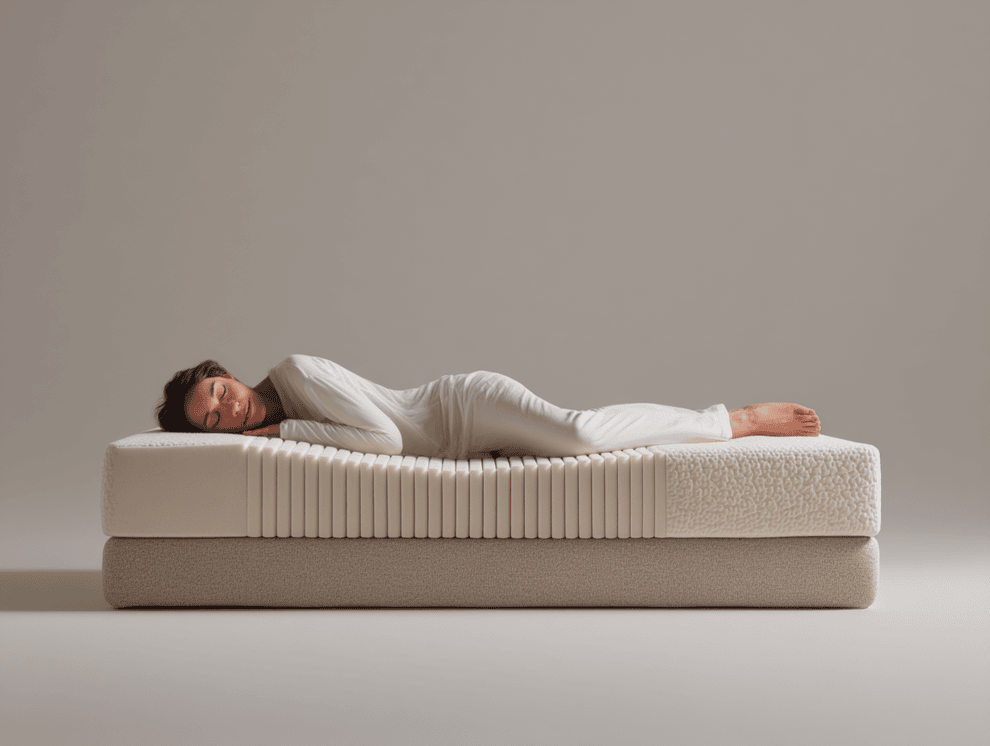 Eine Person in weißem Schlafanzug schläft auf der Seite auf einer modernen, strukturierten Matratze mit fortschrittlichen Liegezonen in einer minimalistischen Umgebung mit neutralem Hintergrund.