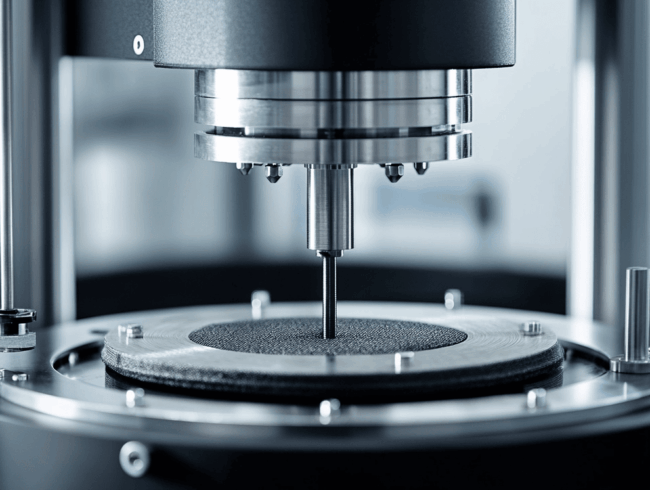 Nahaufnahme einer Präzisions-Martindale-Prüfmaschine mit einer Metallsonde, die über einer texturierten runden Probe positioniert ist und zur Messung von Materialeigenschaften in einer Laborumgebung verwendet wird.