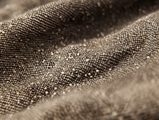 Nahaufnahme eines strukturierten braunen Stoffes mit kleinen, runden, weißen Pillen, die über die Oberfläche verstreut sind, was die Pillingbildung zeigt und ein unverwechselbares, holpriges Aussehen erzeugt.