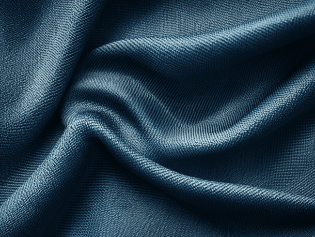 Nahaufnahme eines weichen, strukturierten blauen Stoffes mit sichtbaren Webmustern und sanften Falten, die Schatten und Glanzlichter erzeugen und seine Pillingfestigkeit zur Geltung bringen.