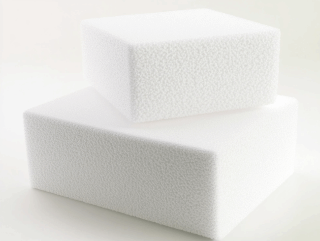Zwei weiße, rechteckige Schaumstoffblöcke aus Polyethylenschaum sind vor einem einfarbigen Hintergrund übereinander gestapelt. Der Schaumstoff hat eine strukturierte, poröse Oberfläche.