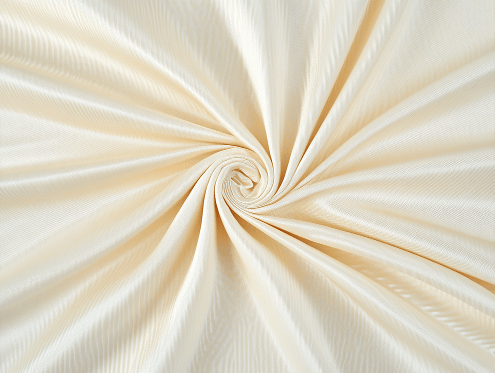 Nahaufnahme eines cremefarbenen, spiralförmig angeordneten Satinstoffs, der seine glatte Textur, seinen subtilen Glanz und seine hervorragende Reibechtheit zur Geltung bringt.