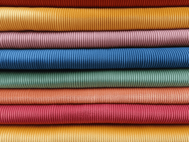 Ein sauber gestapelter Stapel gerippter Stoffe in verschiedenen Farben, darunter gelb, rosa, blau, grün, orange und rot, die horizontale Schichten mit sichtbarer Textur und deutlicher Ripprichtung bilden.