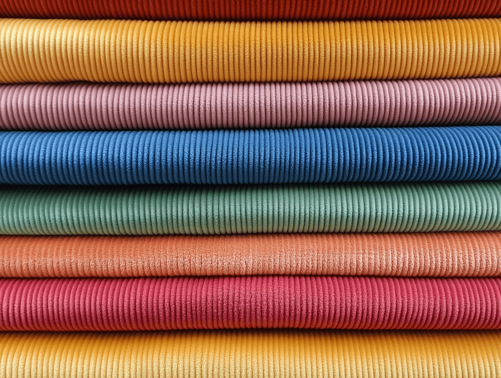 Ein sauber gestapelter Stapel gerippter Stoffe in verschiedenen Farben, darunter gelb, rosa, blau, grün, orange und rot, die horizontale Schichten mit sichtbarer Textur und deutlicher Ripprichtung bilden.