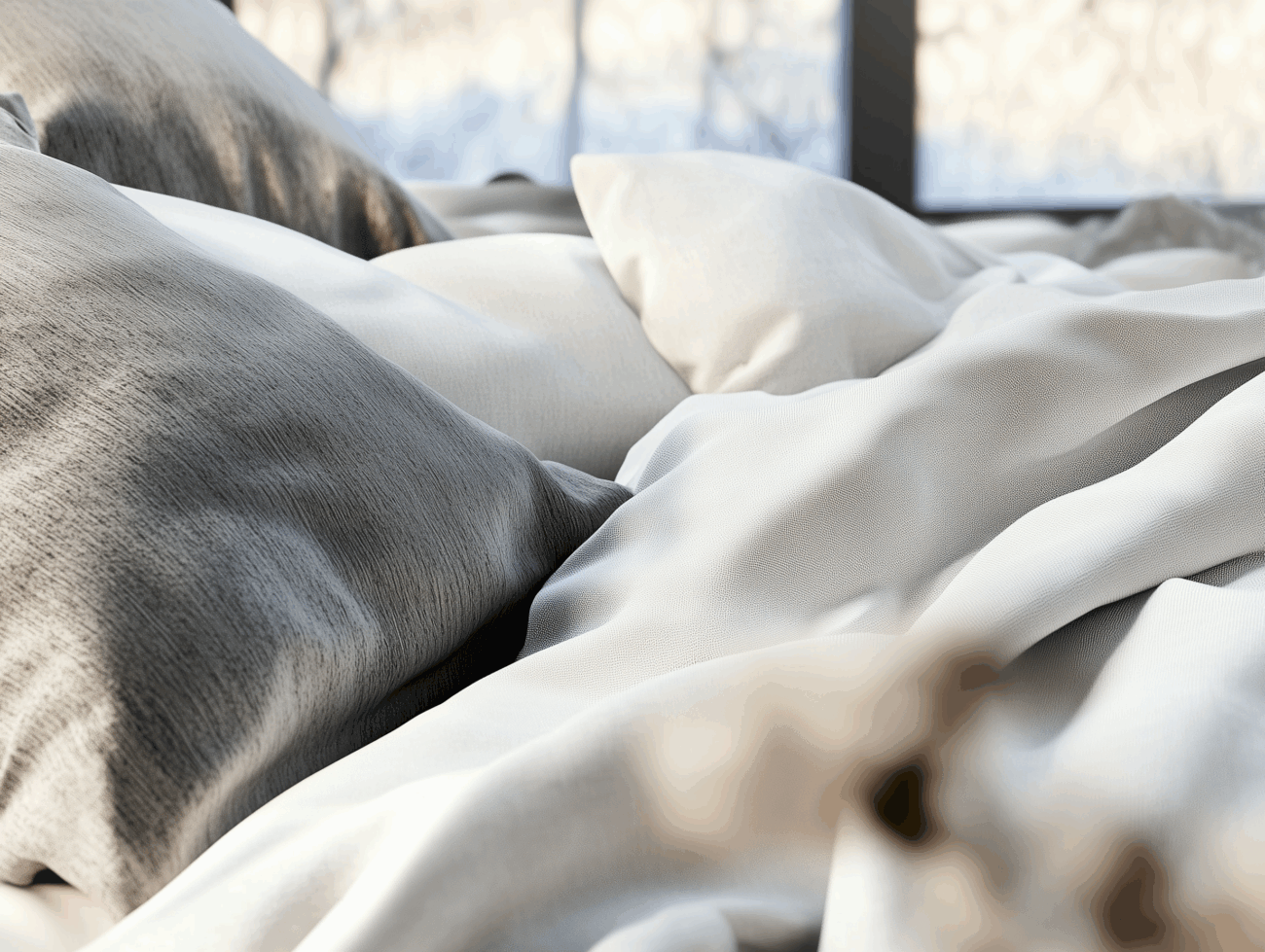 Eine Nahaufnahme eines ungemachten Bettes mit weichen, weißen und grauen Kissen und Decken, in natürliches Licht aus einem nahe gelegenen Fenster getaucht. Die gemütliche Szene strahlt Wärme und Ruhe aus.