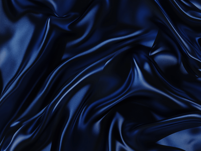 Glänzender, dunkelblauer Crêpe-Satin-Stoff wird mit fließenden, gekräuselten Falten und weichen Highlights ausgebreitet, wodurch eine elegante und glatte Textur entsteht.