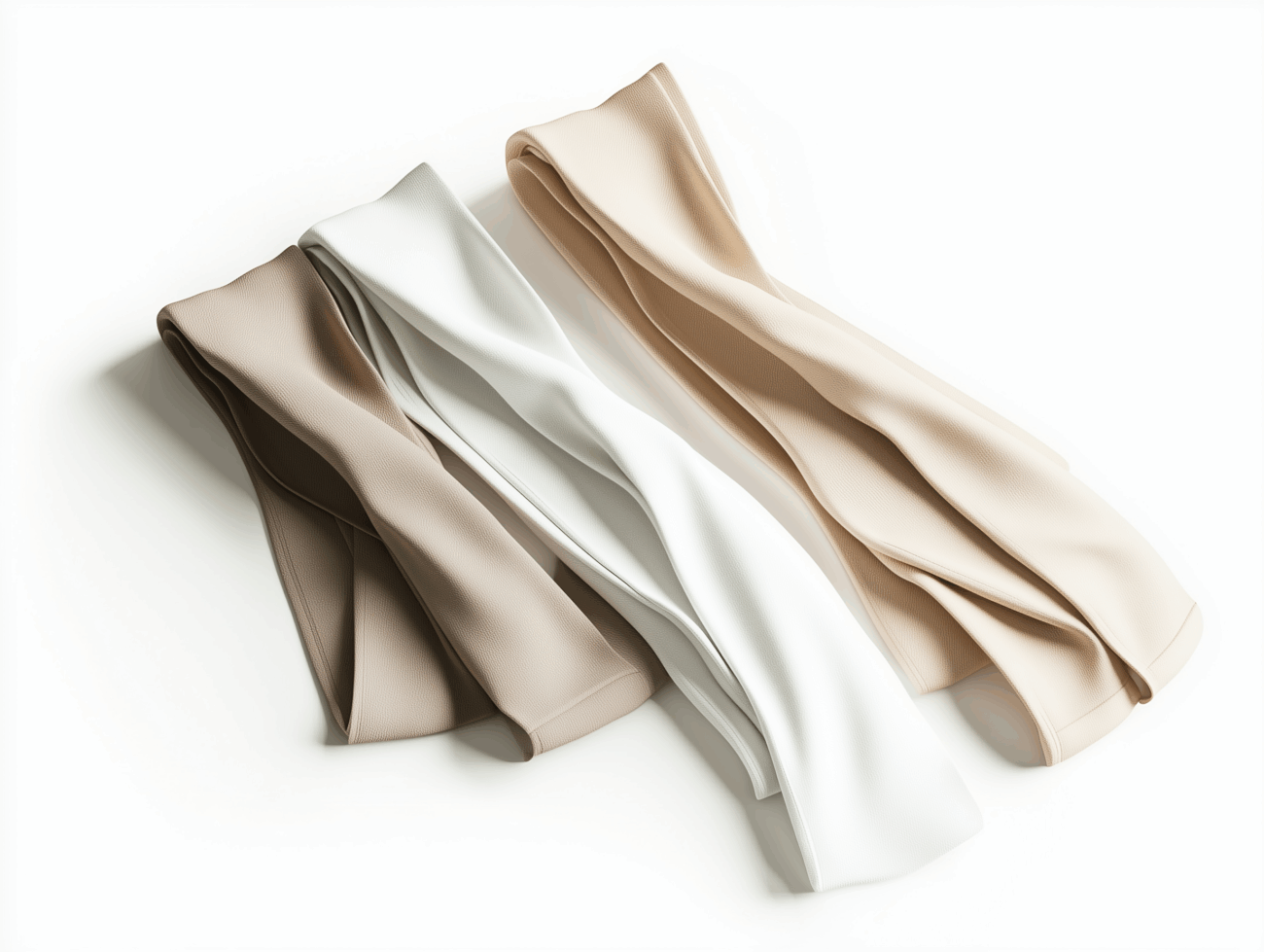 Drei seidige, gedrehte Stoffstreifen in Taupe, Weiß und Beige - jeweils mit Elasthan angereichert - liegen nebeneinander auf einer weißen Fläche.