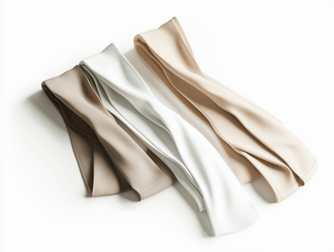 Drei seidige, gedrehte Stoffstreifen in Taupe, Weiß und Beige - jeweils mit Elasthan angereichert - liegen nebeneinander auf einer weißen Fläche.