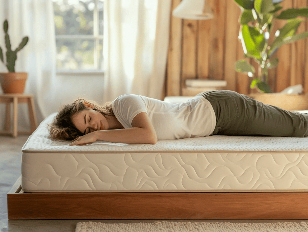 Eine Frau liegt auf dem Bauch auf einem Bett mit einer weißen Matratze mit Flächenelastizität, in einem gemütlichen, sonnendurchfluteten Schlafzimmer mit Holzwänden, Topfpflanzen und großen Fenstern.