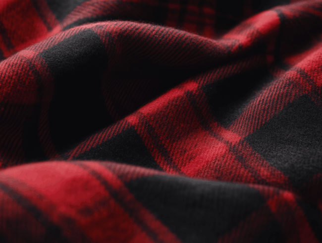 Nahaufnahme eines weichen, rot-schwarz karierten Flanellstoffs mit sanften Falten, der ein klassisches Schottenmuster und eine warme, gemütliche Textur aufweist.