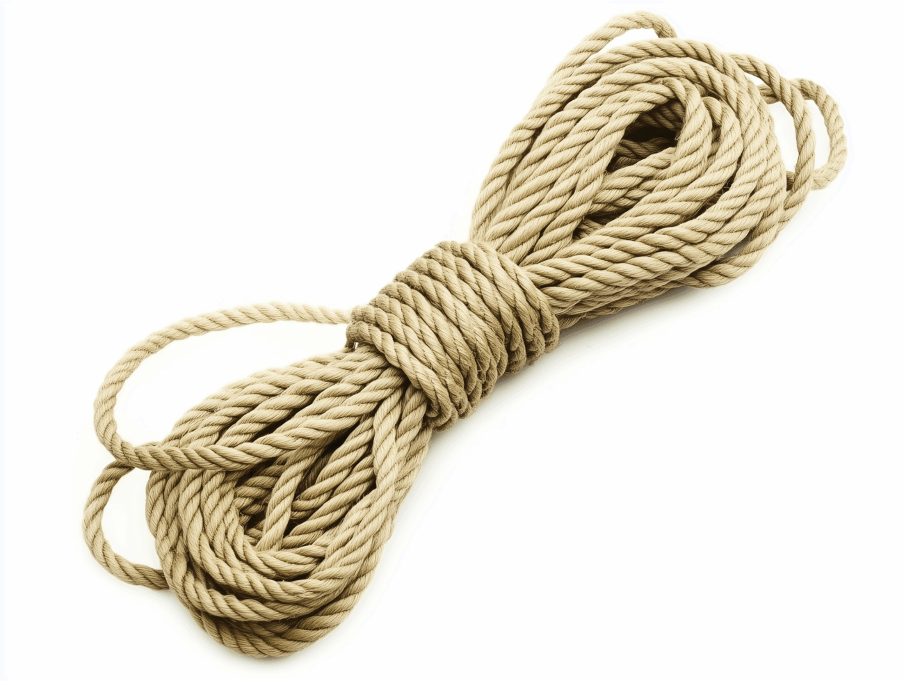 Ein aufgerolltes, dickes, hellbraunes Hanfseil, das in der Mitte ordentlich verknotet ist und auf einem weißen Hintergrund steht.