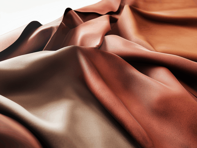 Glatter, weicher brauner und rötlich-brauner Lederstoff, der in sanften Falten drapiert ist und eine Reihe von Erdtönen und eine leicht strukturierte Oberfläche aufweist, wobei das natürliche Licht das Material hervorhebt.