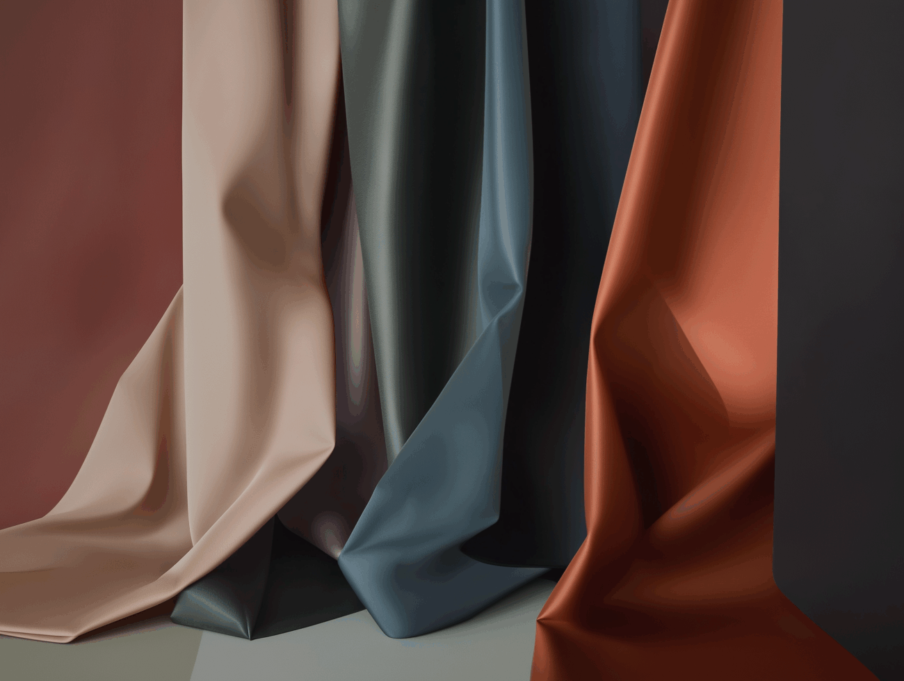 Vier drapierte Mako-Satin-Stoffbahnen in Beige, Dunkelgrün, Blaugrau und Rost hängen nebeneinander und erzeugen weiche Falten und Schatten vor einem neutralen Hintergrund.