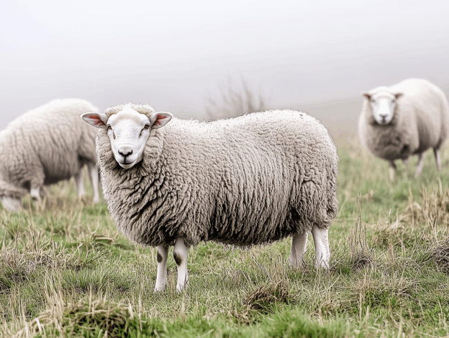 Ein flauschiges Merinowolle-Schaf steht mit dem Gesicht zur Kamera in einem grasbewachsenen Feld, während im Hintergrund zwei andere Schafe an einem nebligen Tag grasen.