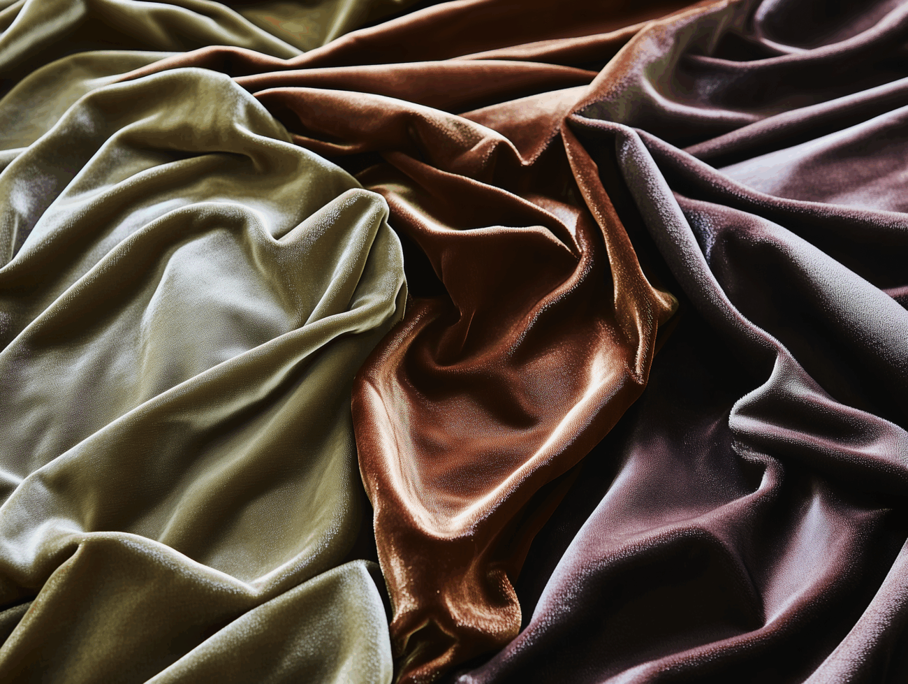 Glänzender, zerknitterter Satin und Samtstoff in Gold-, Bronze- und Burgundtönen sorgen für ein luxuriöses, strukturiertes Aussehen mit sanften Falten und satten Farben.
