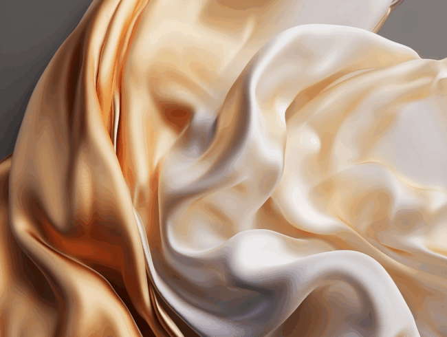 Glatter, fließender Seidenstoff in Gold- und Weißtönen fällt sanft, bildet zarte Falten und eine luxuriöse, glänzende Textur. Die Beleuchtung unterstreicht den Glanz der Seide und das elegante Zusammenspiel der Farben.