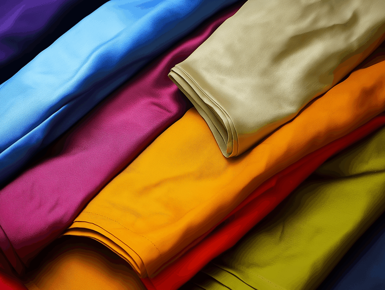 Ein ordentlicher Stapel gefalteter Viskosehemden in verschiedenen leuchtenden Farben, darunter blau, lila, gelb, orange, grün und rot, sorgt für eine lebendige und geordnete Auslage.