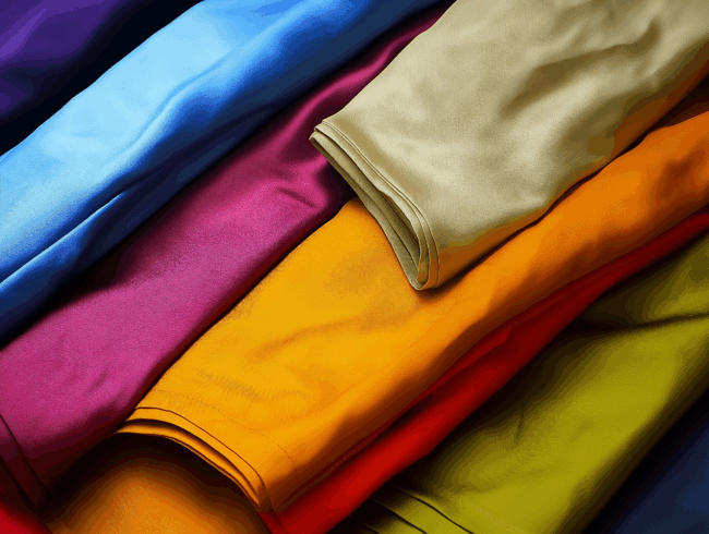 Ein ordentlicher Stapel gefalteter Viskosehemden in verschiedenen leuchtenden Farben, darunter blau, lila, gelb, orange, grün und rot, sorgt für eine lebendige und geordnete Auslage.