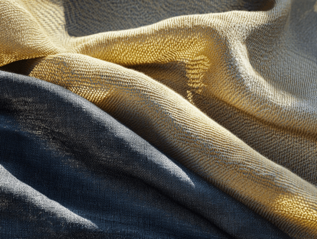 Nahaufnahme eines strukturierten Webstoffs in Gold- und Dunkelgrautönen. Sanfte Falten und weiches Licht heben das gewebte Muster hervor und schaffen ein Gefühl von Tiefe und Bewegung.