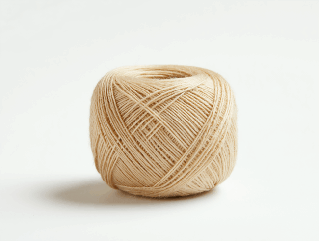Ein beigefarbenes Knäuel aus Schnur oder Zwirn wird ordentlich aufgewickelt und aufrecht auf einen schlichten weißen Hintergrund gestellt.