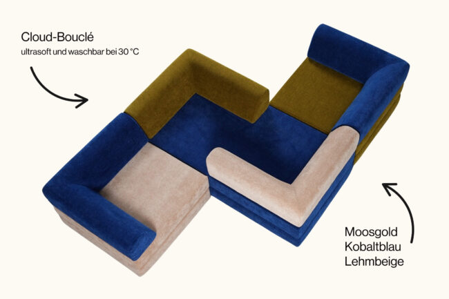 Modulares Sofa mit Abschnitten aus Cloud-Bouclé-Stoff in Moosgold, Kobaltblau und Tonbeige; als ultrasoft und bei 30°C waschbar gekennzeichnet. Pfeile zeigen die verschiedenen Farbsegmente an.