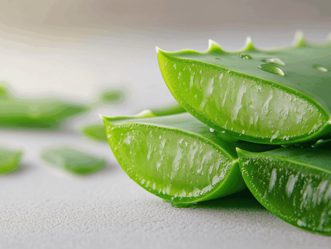 Nahaufnahme von drei frischen Aloe-Vera-Blättern, die aufgeschnitten sind und das klare, feuchte Gel im Inneren offenbaren. Wassertropfen heben die leuchtend grünen Aloe-vera-Blätter hervor, mit unscharfen Stücken im Hintergrund auf einer hellen Oberfläche.
