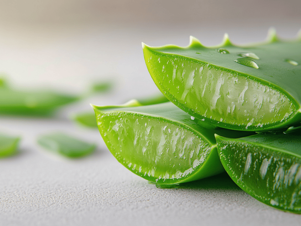 Nahaufnahme von drei frischen Aloe-Vera-Blättern, die aufgeschnitten sind und das klare, feuchte Gel im Inneren offenbaren. Wassertropfen heben die leuchtend grünen Aloe-vera-Blätter hervor, mit unscharfen Stücken im Hintergrund auf einer hellen Oberfläche.