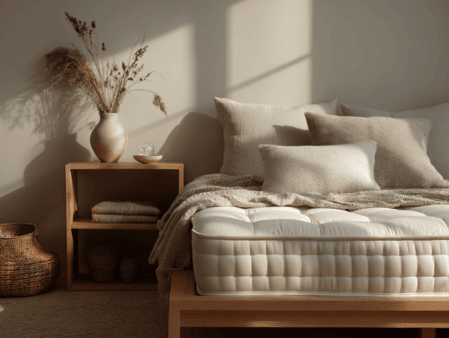 Ein gemütliches, minimalistisches Schlafzimmer mit einem ordentlich gemachten Bett, weicher, neutraler Bettwäsche und geflochtenen Körben, die alle in warmes Sonnenlicht getaucht sind - mit blauer engel zertifizierten Materialien für einen umweltfreundlichen Touch.