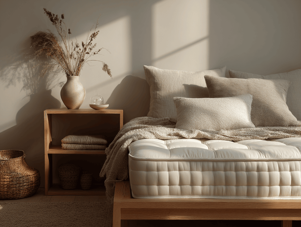 Ein gemütliches, minimalistisches Schlafzimmer mit einem ordentlich gemachten Bett, weicher, neutraler Bettwäsche und geflochtenen Körben, die alle in warmes Sonnenlicht getaucht sind - mit blauer engel zertifizierten Materialien für einen umweltfreundlichen Touch.